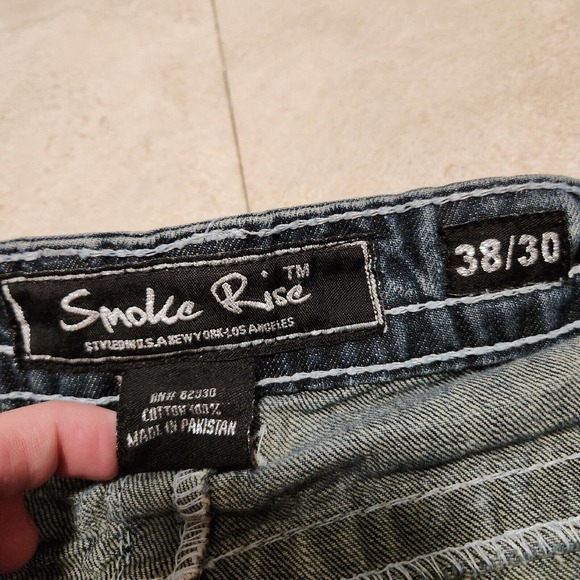 Smoke Rise Mens 38x30 DISTRESSED HipHop Embroidered Skater Jeans Streetwear Wide - Picture 4 of 11